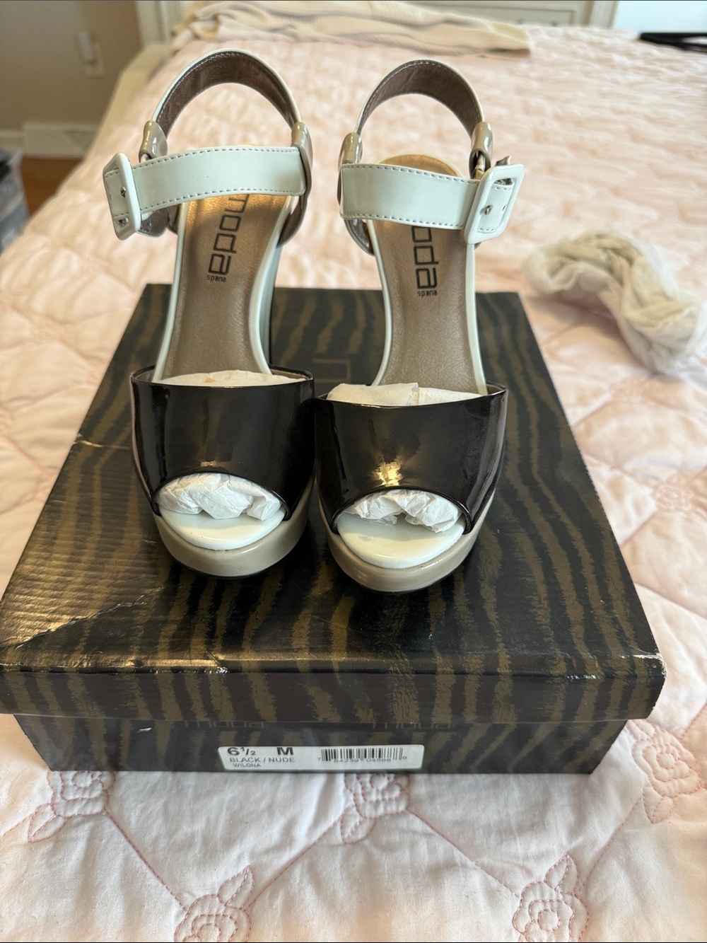 Espadrille-Style Black Tan and White Open-Toe Sandals in original box